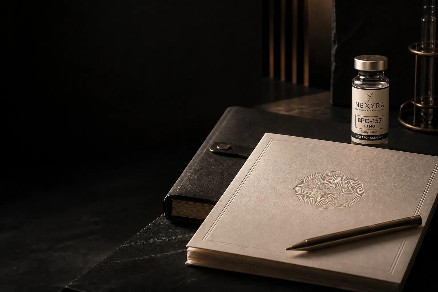 Archival research dossier, branded Nexyra BPC-157 vial, and precision pen