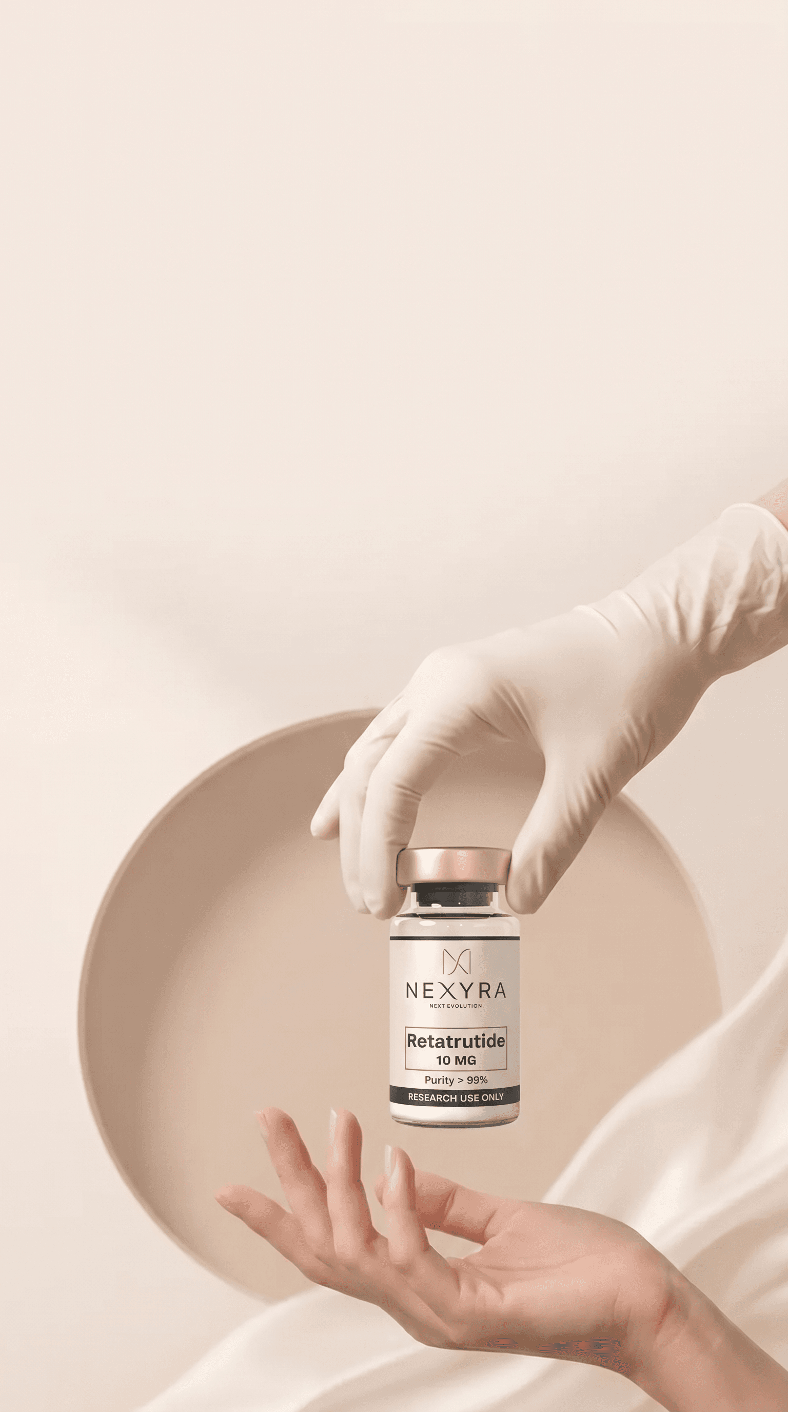 Gloved laboratory hand presenting a Nexyra GLP-3 RT research vial above an open hand